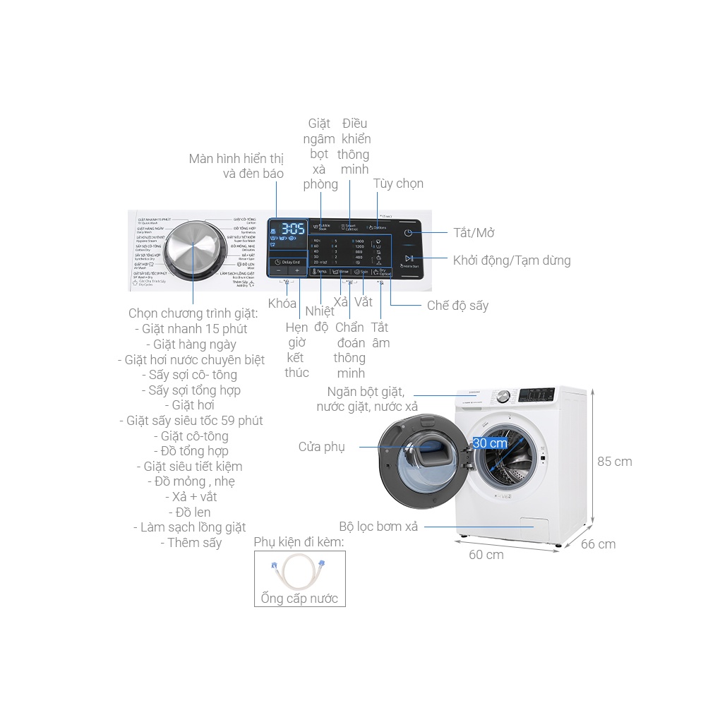 Máy giặt sấy Samsung AddWash Inverter 10.5kg WD10N64FR2W/SV , Giặt hơi nước,  Thêm đồ khi đang giặt,  giao miễn phí HCM