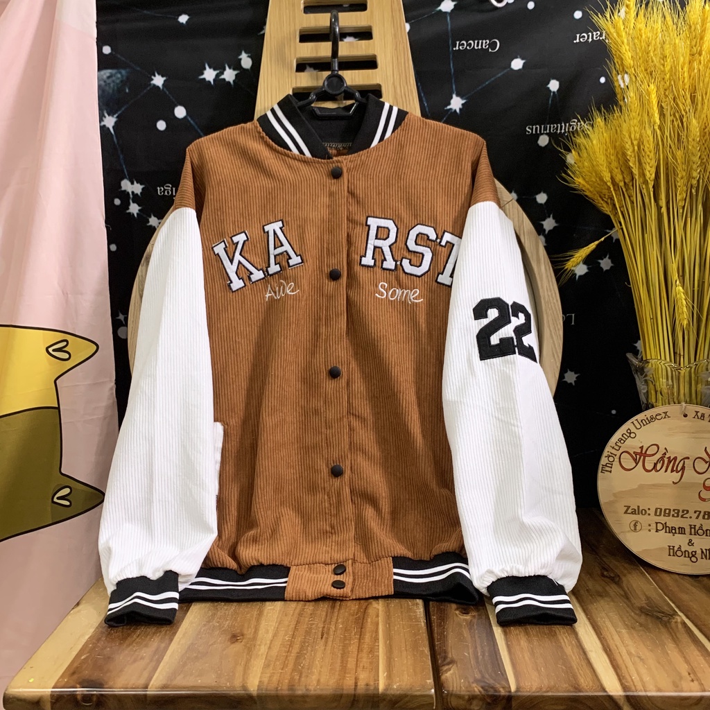 Áo Khoác Bomber Thêu KARST 22 Chất Nhung Tăm Cao Cấp Ulzzang Unisex Dáng Rộng Nam Nữ