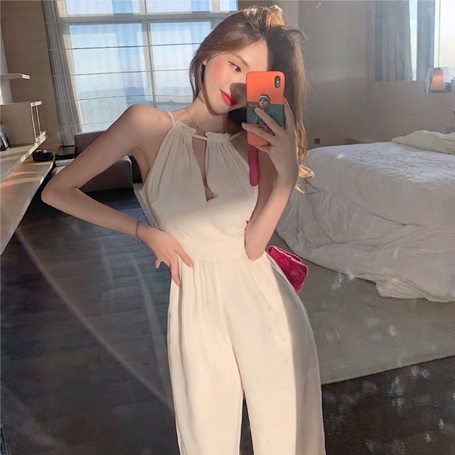 Jumpsuit cổ yếm áo liền quần ống rộng Ulzzang _QGZ01