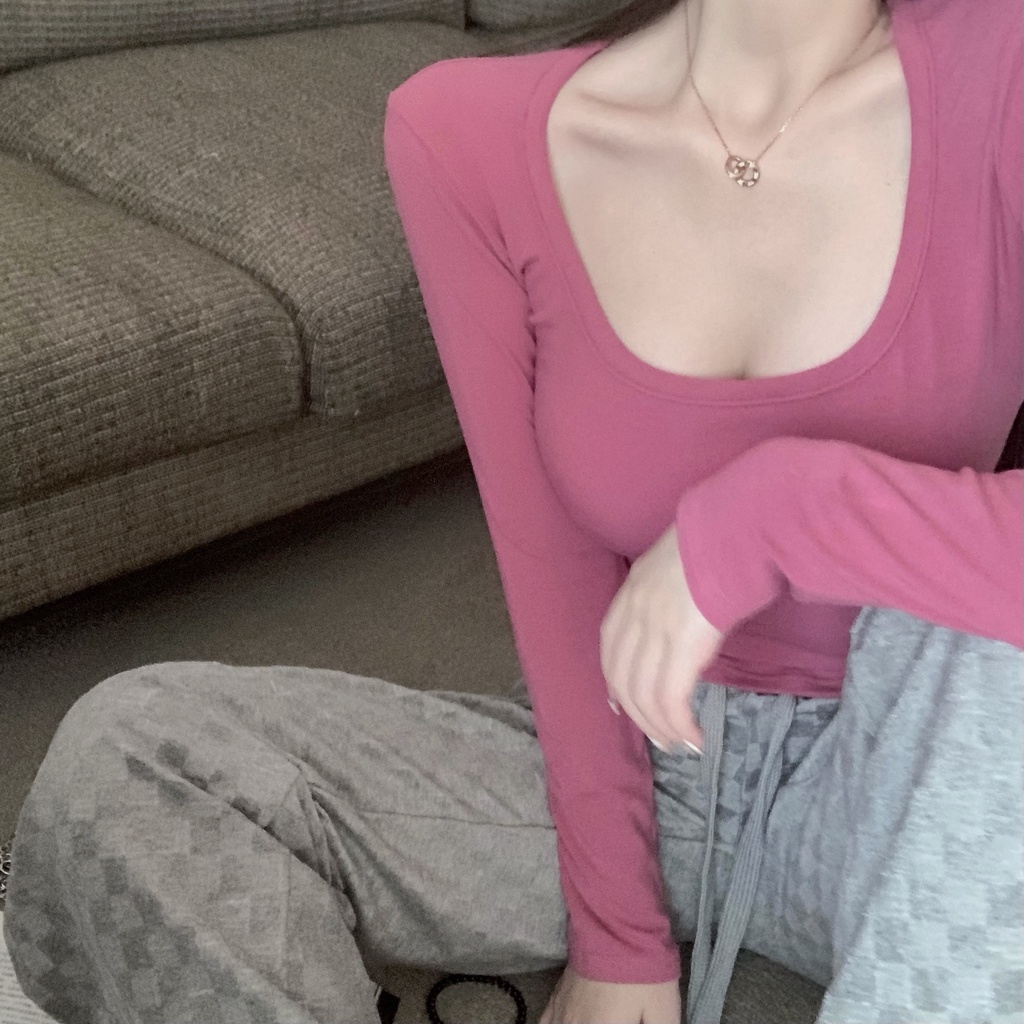 Áo thun COZOK ôm cổ chữ u tay dài màu hồng gợi cảm cho nữ