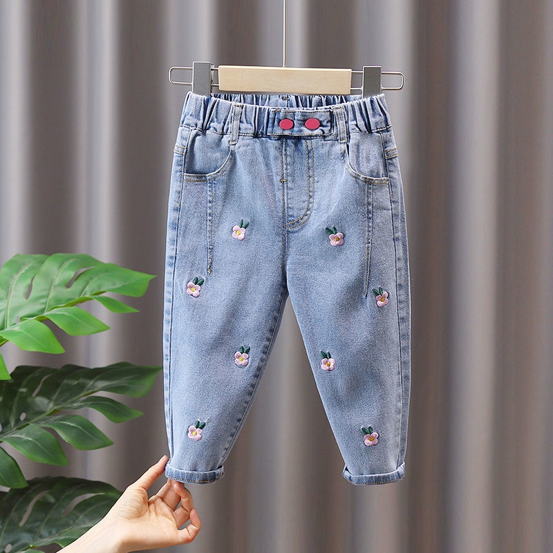 Quần Jean Dài Mỏng Dáng Rộng Thêu Họa Tiết Thời Trang Xuân Thu Mới Cá Tính Cho Bé Gái