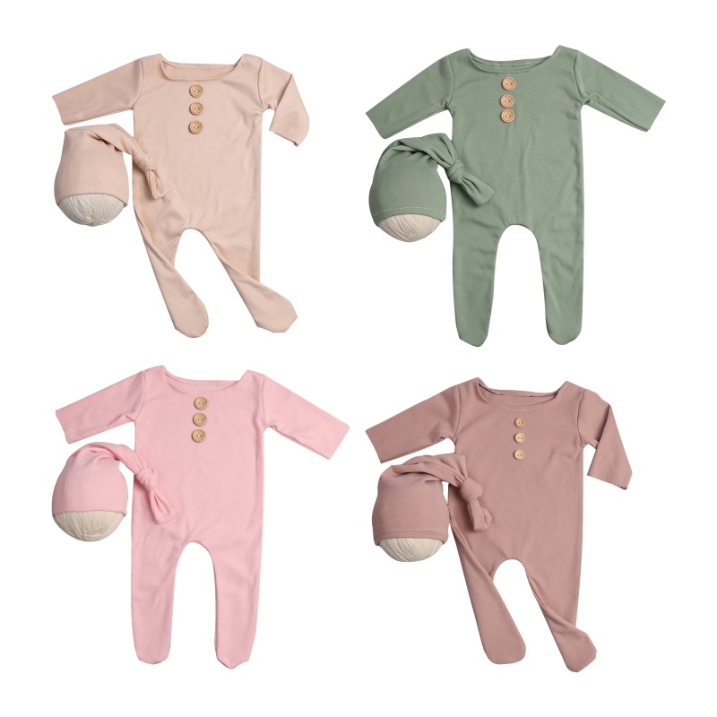 Set 2 Món Áo Liền Quần Màu Sắc Trơn Kèm Mũ Thắt Nút Dành Cho Trẻ Sơ Sinh