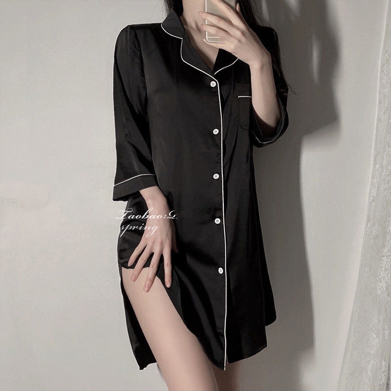 Đầm Ngủ Sơ Mi Tay Lửng Bằng Lụa Lạnh Phong Cách Bạn Trai Gợi Cảm Thời Trang Mùa Hè Hàng Mới Dành Cho Bạn Nữ