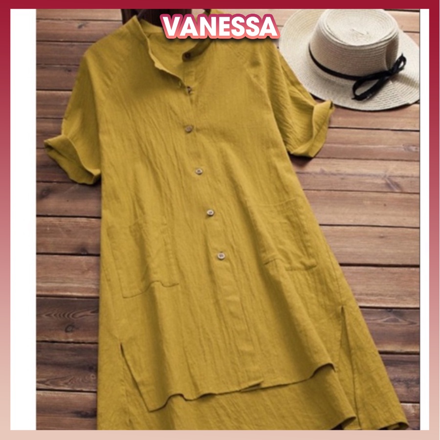 Sơ mi váy độc lạ sang chảnh, form dài rộng giấu quần, chất liệu Đũi siêu mềm mát, áo kiểu nữ Vanessa AKH.35