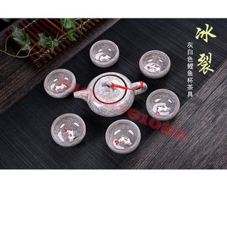 Bộ ấm chén uống trà in cá 3D tráng men