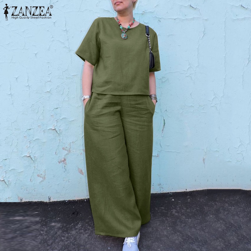 Bộ áo thun tay lỡ cổ tròn + quần dài ống rộng ZANZEA thời trang cho nữ