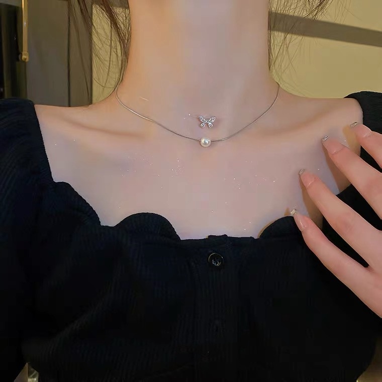Vòng cổ Hai Lớp Thắt Nơ Đính Ngọc Trai Thời Trang Hàn Quốc