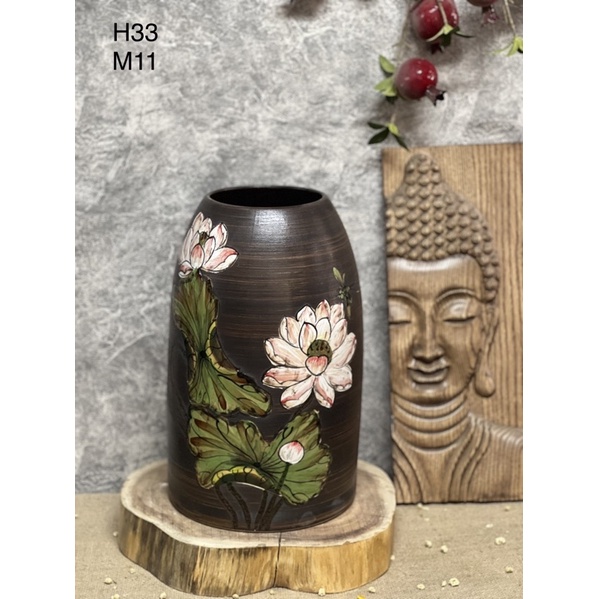 Bình hoa gốm dáng chuông men mộc vẽ tay- Gốm sứ Bát Tràng.