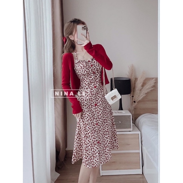 [ 𝐅𝐑𝐄𝐄 𝐒𝐇𝐈𝐏 ] SET VÁY HOA 2S MIX CARDIGAN ĐỎ SIÊU XINH