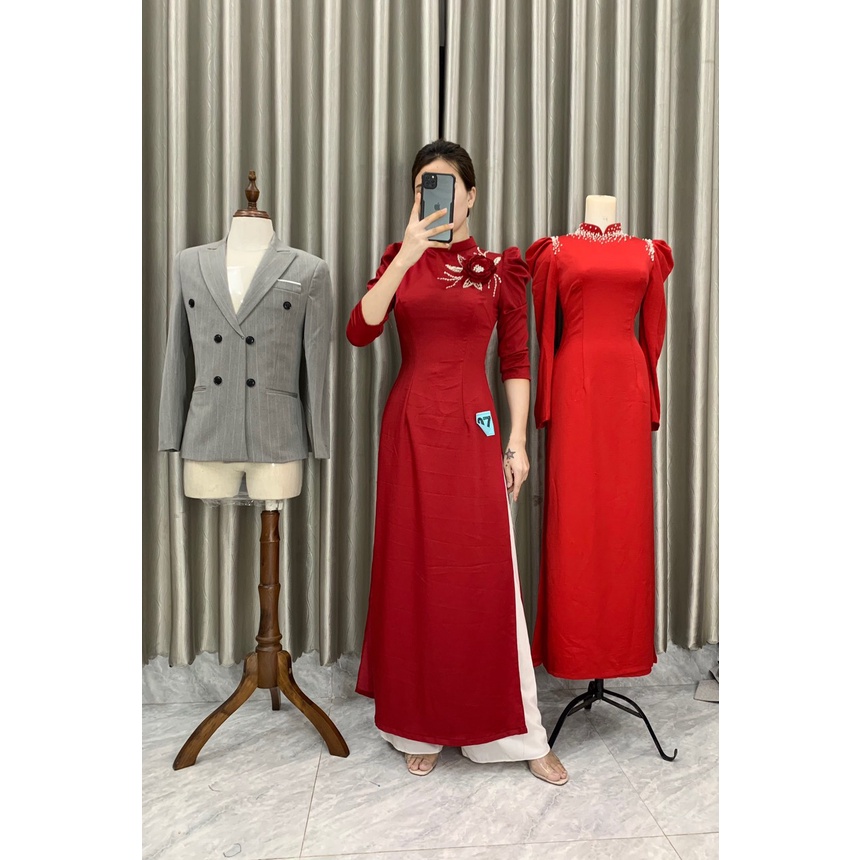 Áo dài tây thi hoa nổi cao cấp_tông màu đỏ sang chảnh