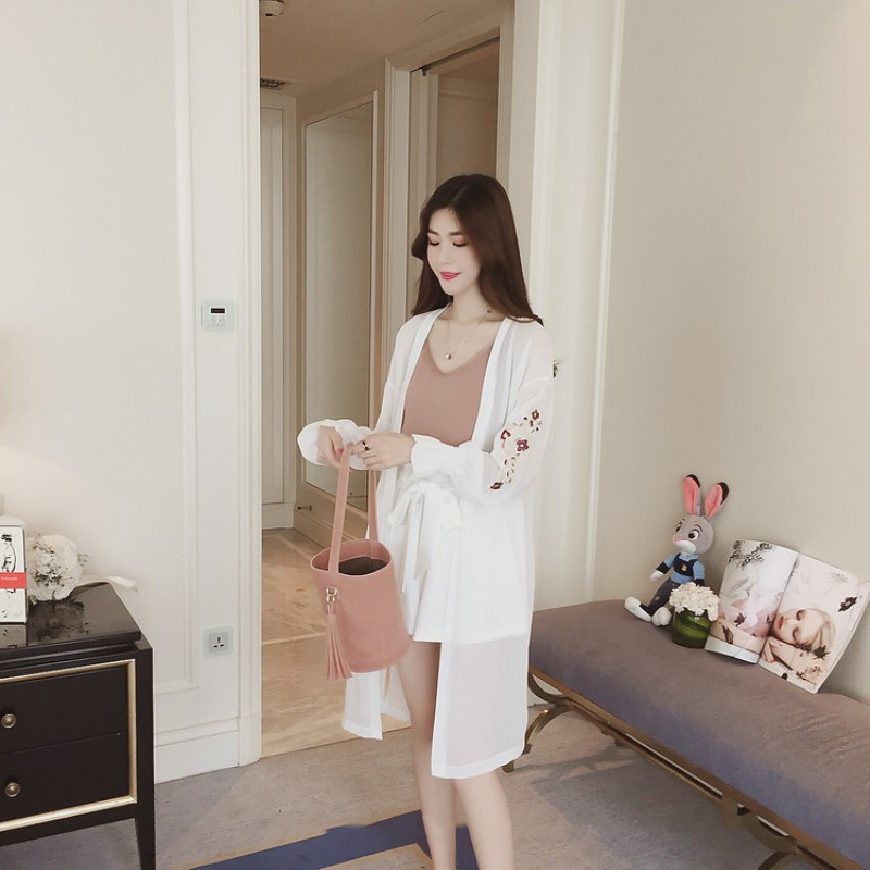 Áo khoác Chiffon mỏng dáng dài thêu hoa thời trang cho nữ