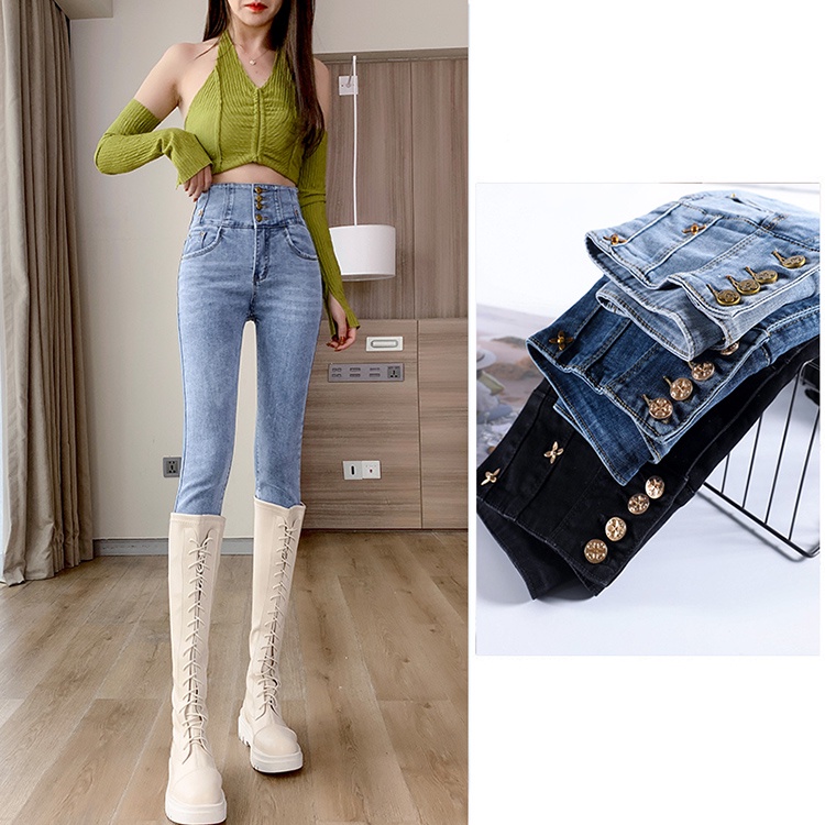IELGY Quần Jean Nữ skinny Màu Đen Cạp Cao