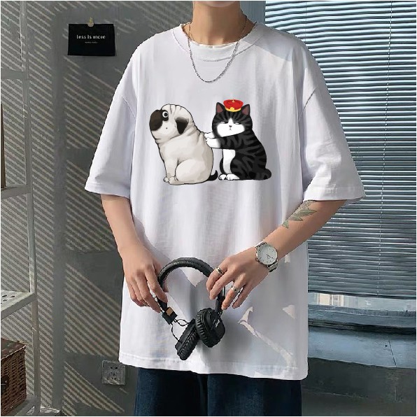 Áo thun Chó Pug tay lỡ form suông rộng chất liệu thun cotton mềm mại