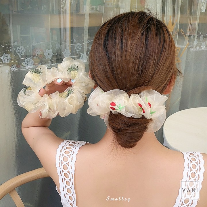 Cột Tóc Vải Scrunchies Von Kính Thêu Trái Dứa Và Cherry Dễ Thương - Vani Store