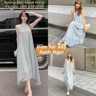 Váy 2 dây xanh, đầm hai dây maxi xanh ngọc đi biển, du lịch