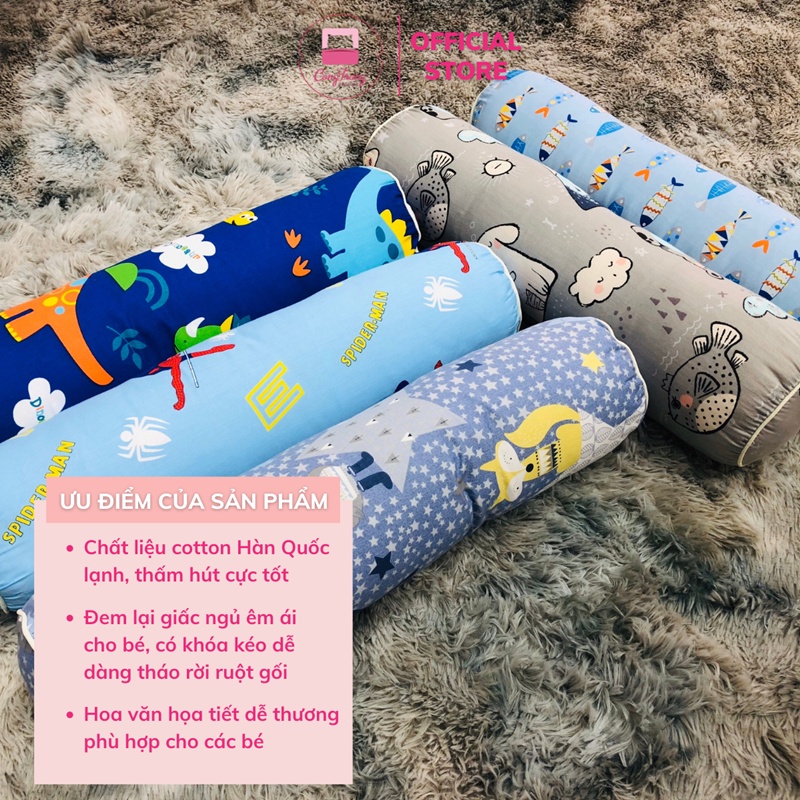 Gối ôm cho bé vải Cotton Hàn Quốc - Ruột Kèm Vỏ (Kích thước 20cm x 60cm)