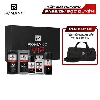 [Romano] Giftbox Romano Vip Passion: Dầu Gội 180G + Sữa Tắm 180G + Xịt Khử Mùi 150Ml + Lăn 50Ml + Nước Hoa Bỏ Túi 18Ml