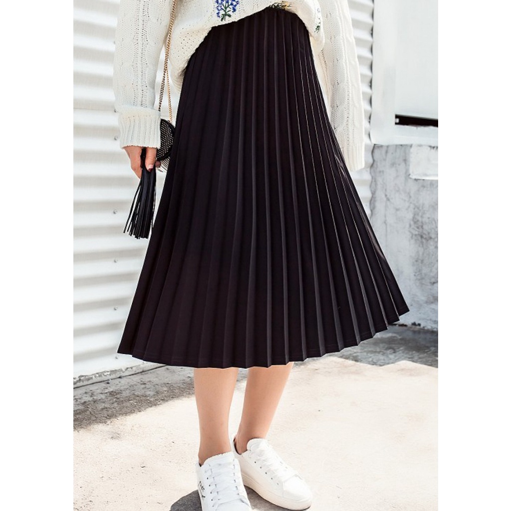 [QUÀ TẶNG LÀ CHUN TÓC NHIỀU MÀU CHO NỮ] Chân váy dáng dài qua gối xếp ly đen Junnie Closet thiết kế loại 1 | BigBuy360 - bigbuy360.vn