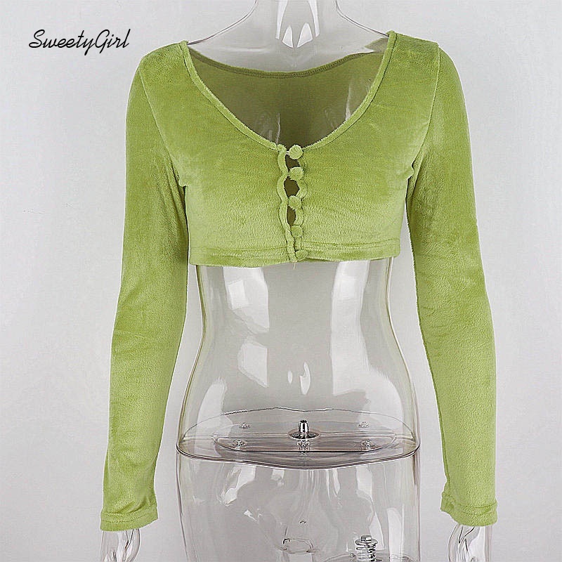 Áo croptop tay dài cổ chữ V màu trơn thời trang quyến rũ thích hợp cho nữ