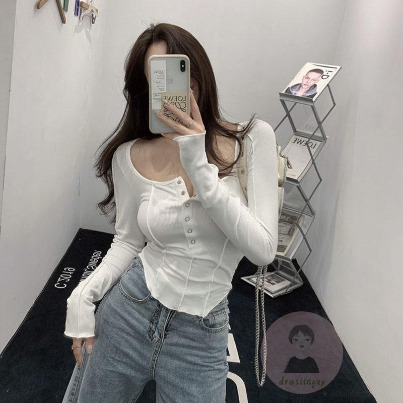 Áo Thun Tay Dài Màu Trơn Thiết Kế Bất Đối Xứng Size S / M / L / XL