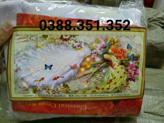 Tranh thêu chữ thập chim công phu thê viên mãn 194*96cm