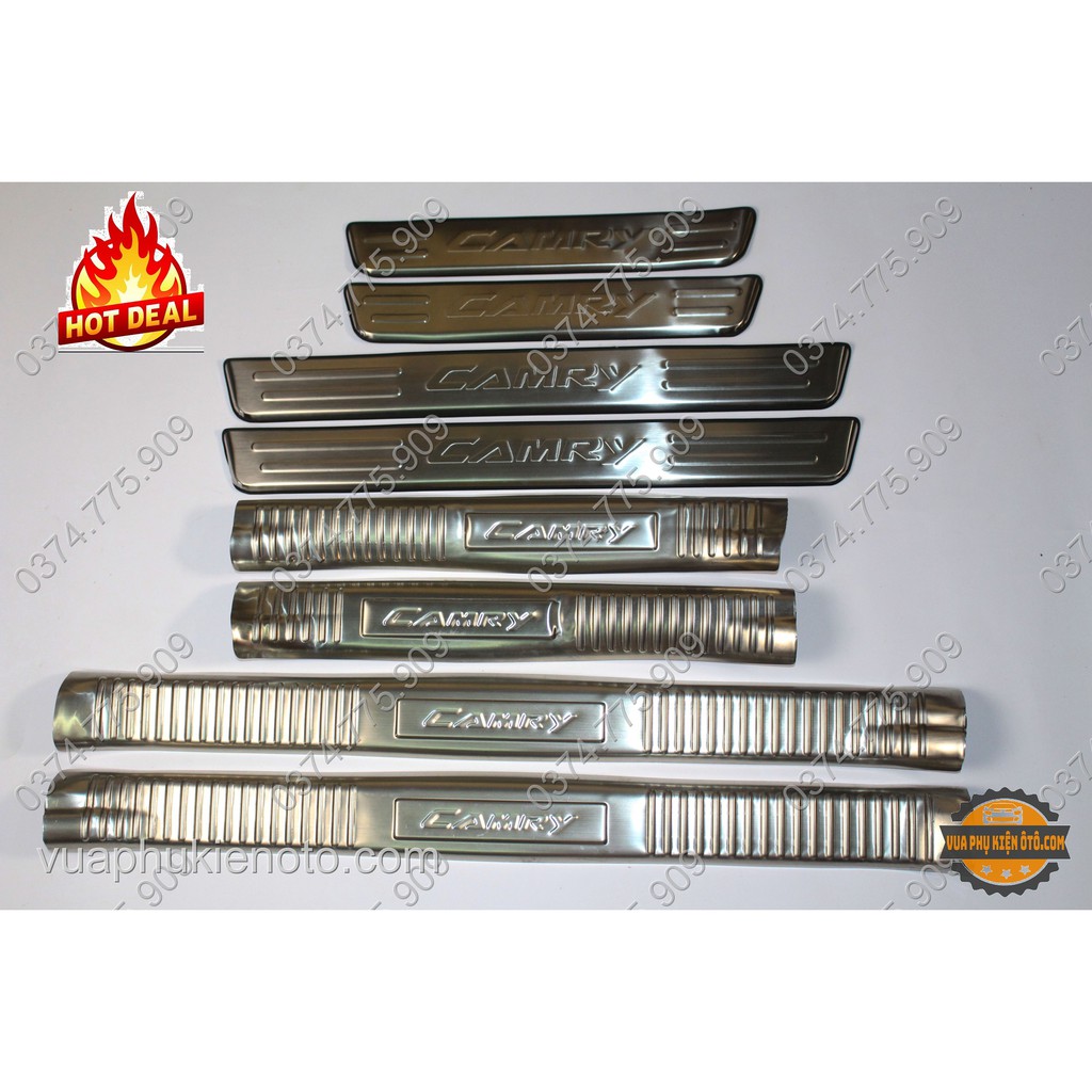 (TẶNG THÊM 2 cuộn băng keo 3M) Ốp bậc cửa Camry -Bộ 8 miếng inox trong ngoài