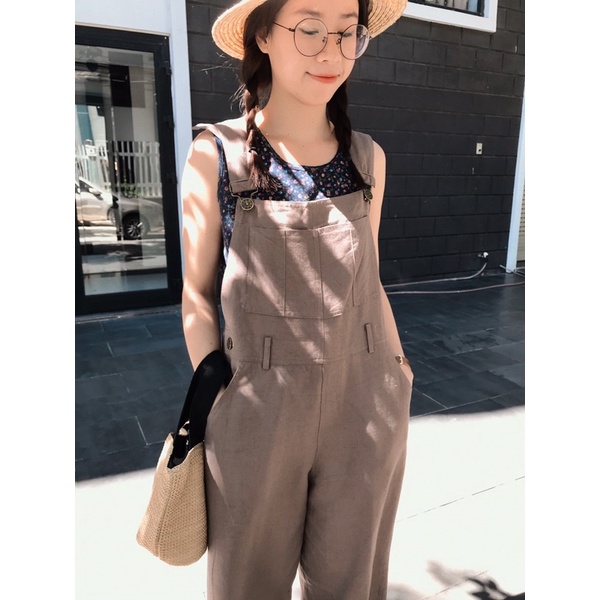 quần yếm chần chỉ đắp túi - nâu đất