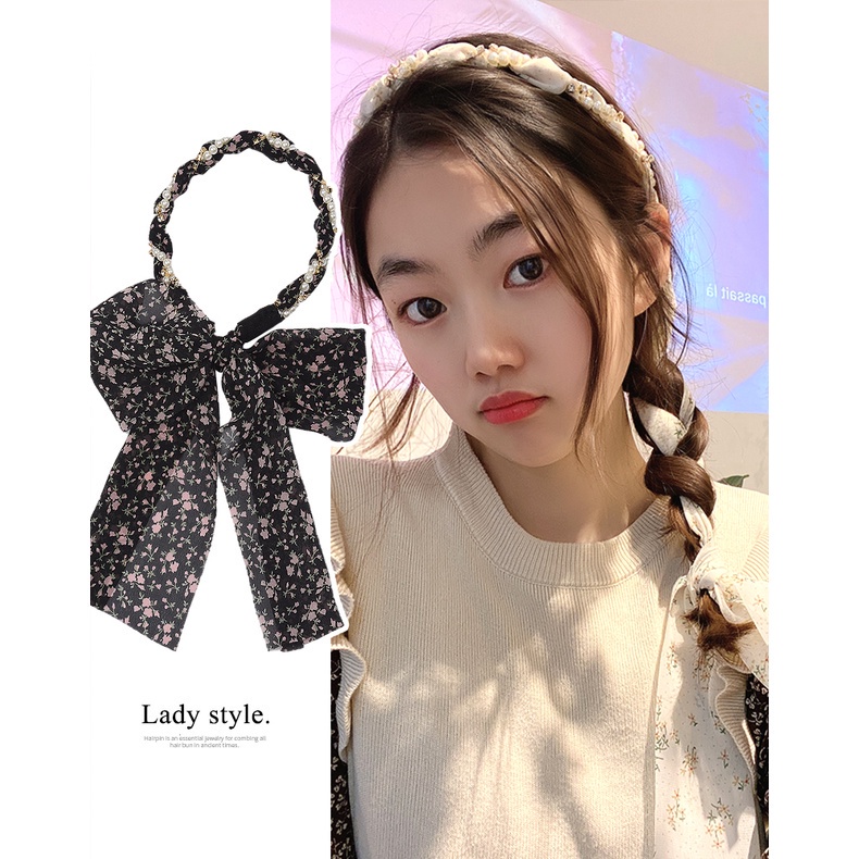 Dây cột tóc bện đính hoa và ngọc trai cho nữ