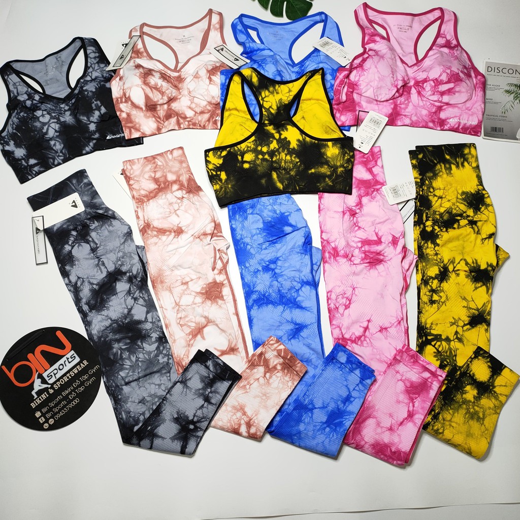 Đồ tập gym nữ, set bộ dệt kim loang màu naqi áo bra quần dài chun mông kèm mút cao cấp Bin Sports BD097