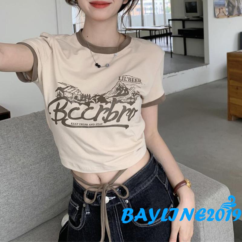Áo Thun Ngắn Tay Dáng Rộng In Chữ Phối Dây Cột Thời Trang Mùa Hè Cho Nữ