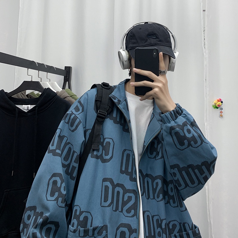 Áo khoác cardigan dáng rộng dài tay in hình phong cách mùa xuân thu thời trang Hàn Quốc đường phố cho nam