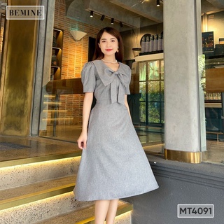 Đầm suông cổ nơ tay xếp li bemine mt4091xam