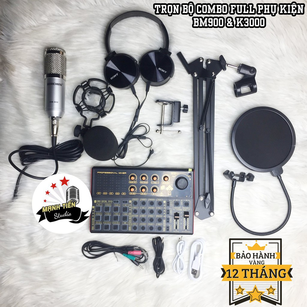 [tặng full phụ kiện] trọn bộ combo micro BM900 + sound card K3000 + full phụ kiện livestream karaoke thu âm chuẩn bh 12t