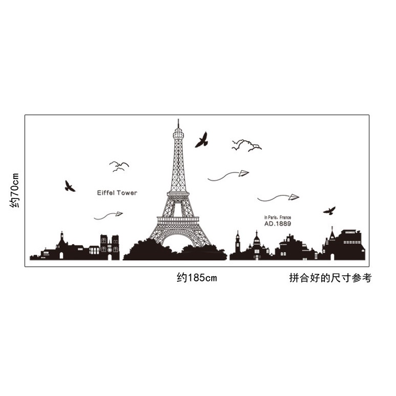 Tranh dán tường 3D Phong cảnh Paris KT 185x70cm, Decal trang trí phòng, Miếng dán trang trí phòng khách