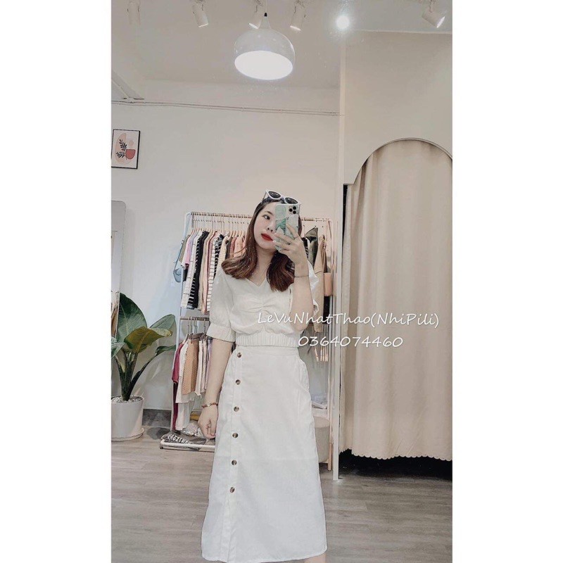 Sét áo croptop tay bồng+chân váy cúc TT12 | BigBuy360 - bigbuy360.vn