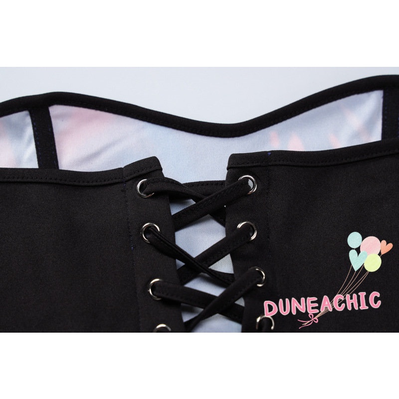 DUNEA Bộ đồ 2 món gồm áo ống in hình bướm và chân váy midi xinh xắn cho nữ