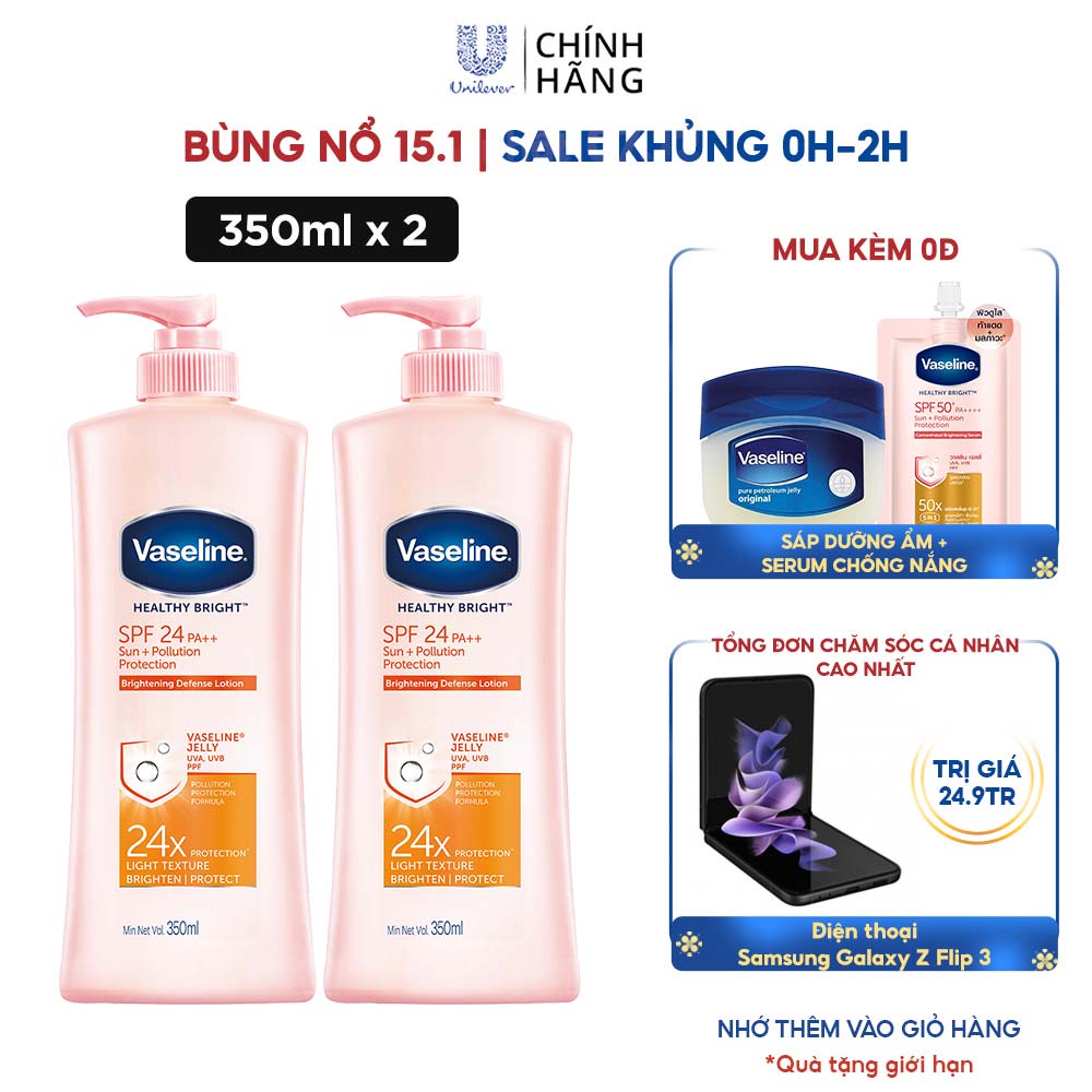 Combo 2 Sữa dưỡng thể chống nắng và dưỡng sáng SPF24 PA++VASELINE Healthy Bright Sun + Pollution Protection 350ML/chai