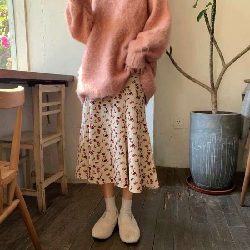 Chân váy midi CV hoa nhí xoè đuôi cá nhung tăm có khoá kéo cv1518 Ulzzang style 🌸 Hàng Quảng Châu