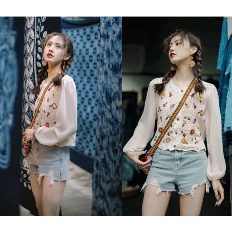 AR/Áo REN NGẮN DẠNG CROPTOP phong cách bohochic xinh xắn thêu hoa vintage dài tay vải voan công chúa sơ mi cúc gỗ