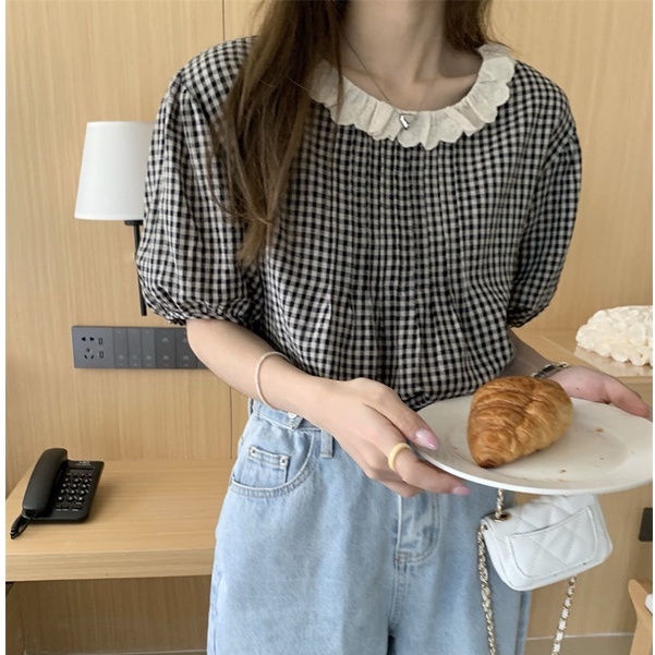 Áo Sơ Mi Tay Ngắn Dáng Rộng Họa Tiết Sọc Caro Thời Trang Cho Nữ