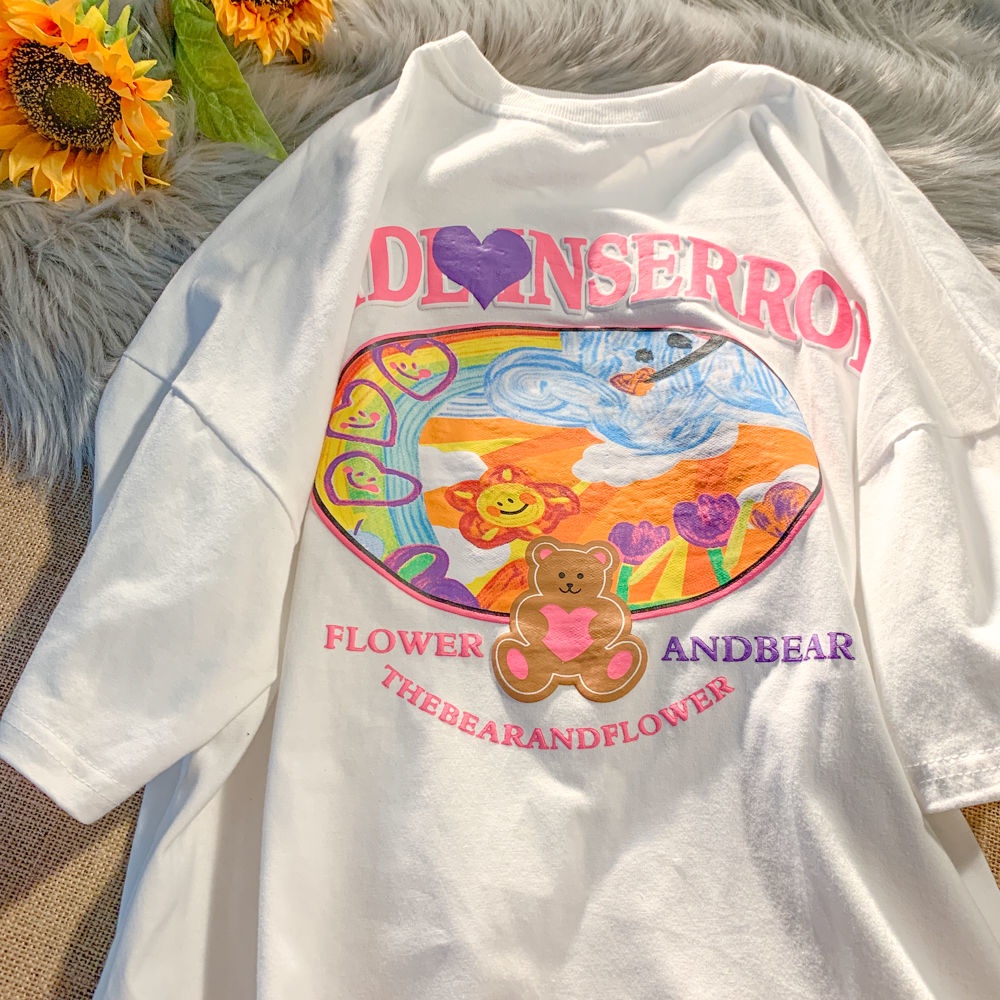 Áo thun tay ngắn in họa tiết gấu hoạt hình và chữ cái graffiti trẻ trung thời trang | BigBuy360 - bigbuy360.vn