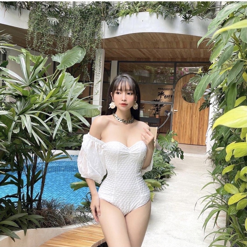 liền trắng tay bồng xinh xắn ảnh thật,đồ bơi sexy, đồ du lịch,áo tắm trễ vai,phụ kiện,maxi