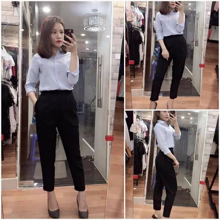 quần tây baggy nữ gấu bằng màu đen chất tuyết mưa