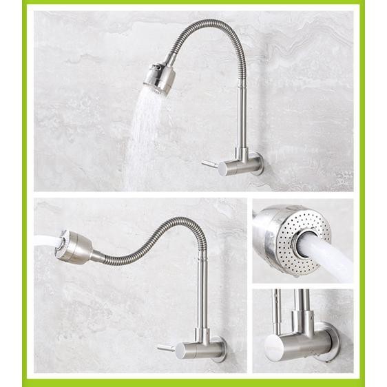 Vòi rửa bát inox 304 Cắm Tường Cần Mềm Lạnh - Bát sen 2 chế độ điều chỉnh