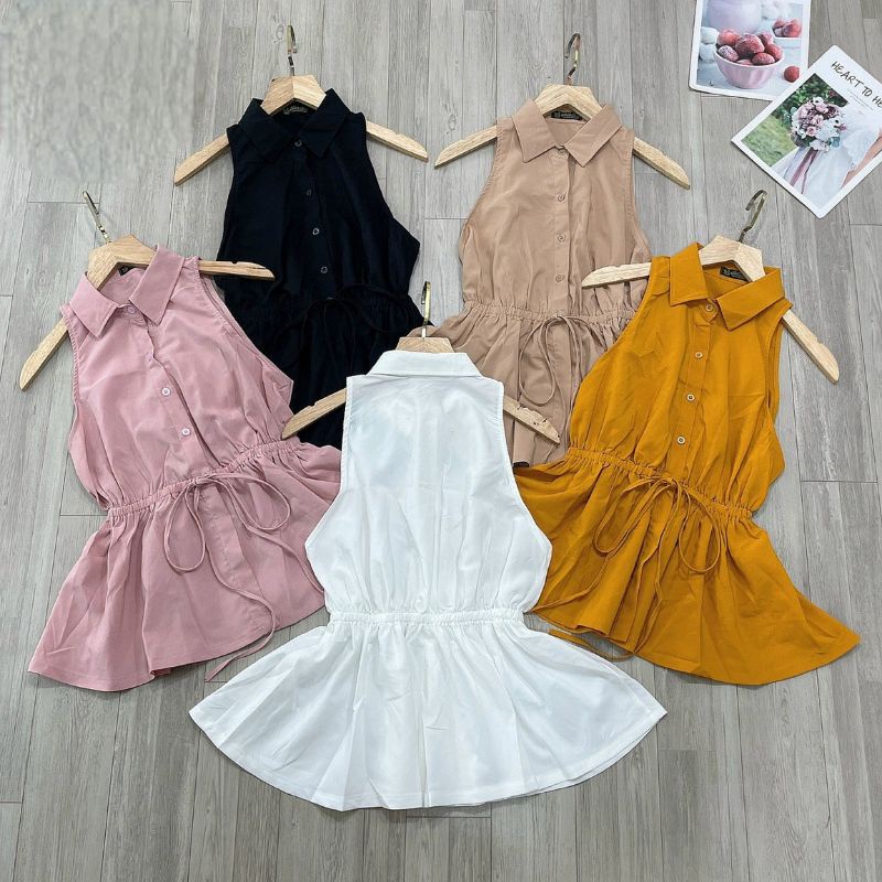 Áo sát nách peplum cổ sơmi dây eo.