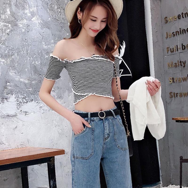 Áo thun nữ sọc ngang tay ngắn kiểu Hàn Quốc