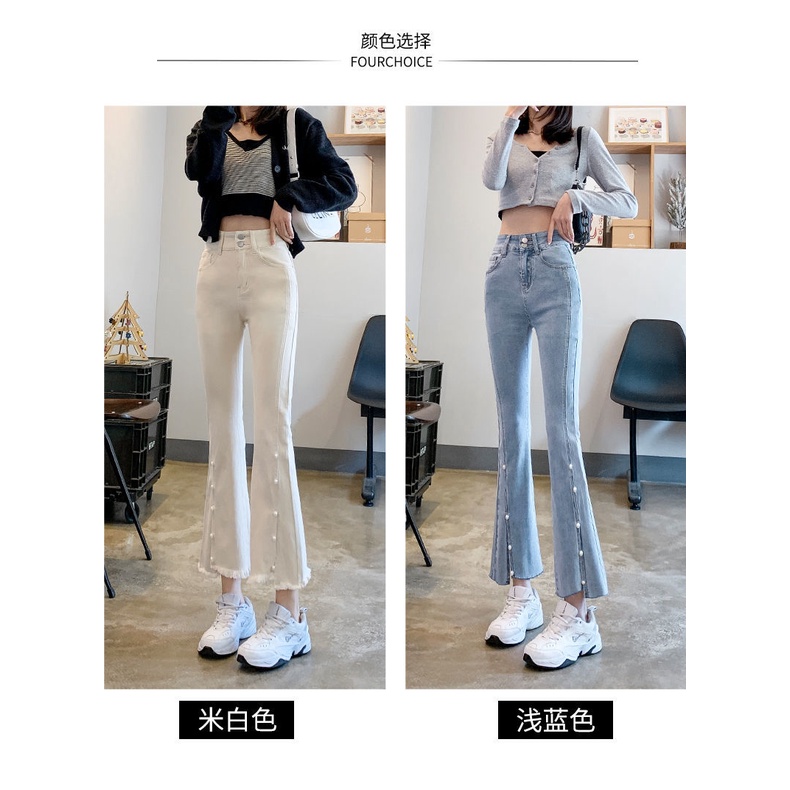 Quần jean cho nữ lưng cao ống rộng màu trắng đính hạt ngọc trai phong cách mới mùa thu 2022