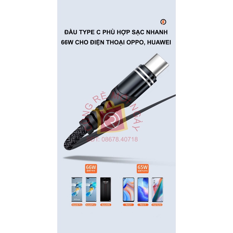 Cáp dữ liệu 3 đầu sạc nhanh 66W  , 3 trong 1 cho iPhone, Android, Type-C dài 1,2 mét