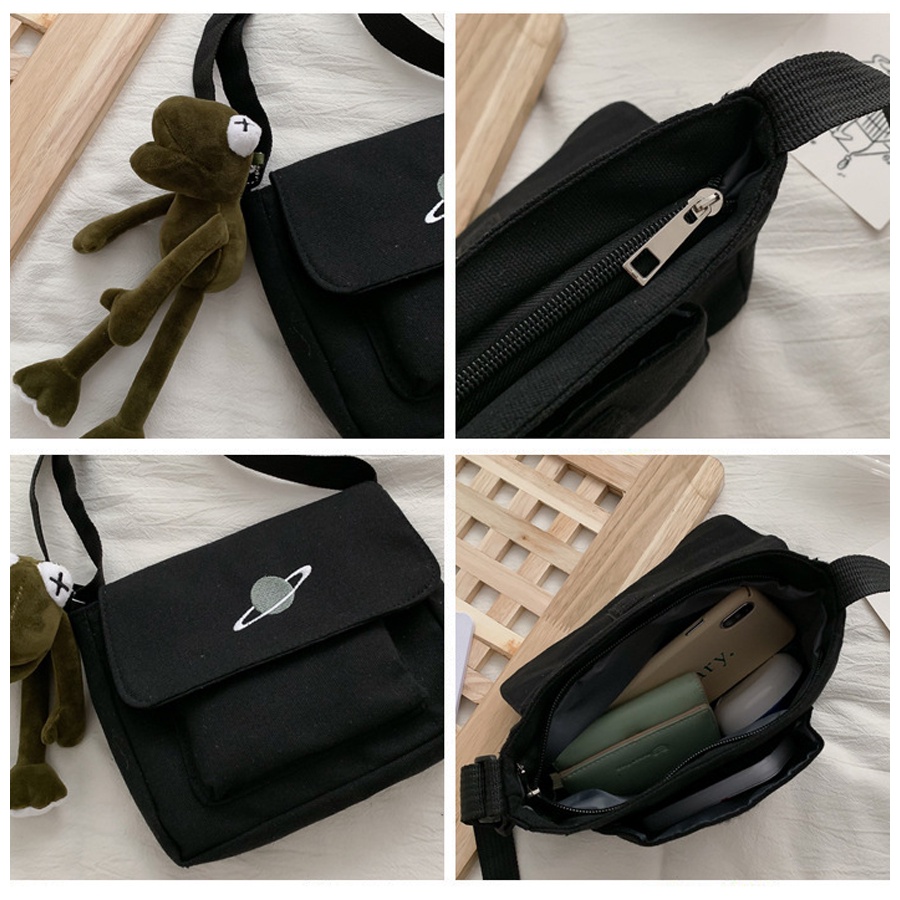 Túi Đeo Chéo Mini Vải Canvas Thêu Hình Hành Tinh Kiểu Dáng Năng Động Cá Tính Phong Cách Hàn Quốc