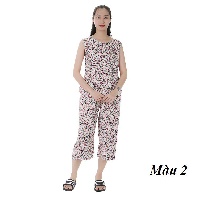 Bộ mặc nhà lanh (tole) chéo Hàn Vicci BST.086, thiết kế áo sát nách phối quần sớ trẻ, họa tiết hoa nhí